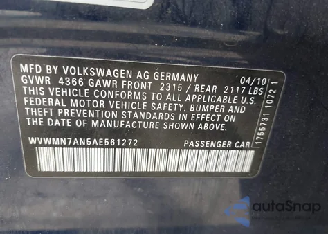 2010 Volkswagen Cc Sport из США, поврежденный, VIN WVWMN7AN5AE561272